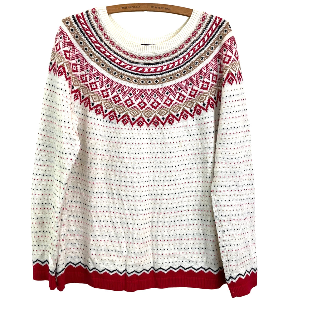 Talbots Women's Sz L Lambs Wool Blend Sweater Fair Isle White Red